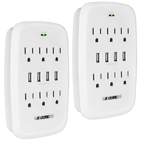 5 Core 2 Pieces 6 Outlet Extender 900J Surge Protector With 4 USB Charger Port WallAdapter WMS 6S 4USB 2PCS